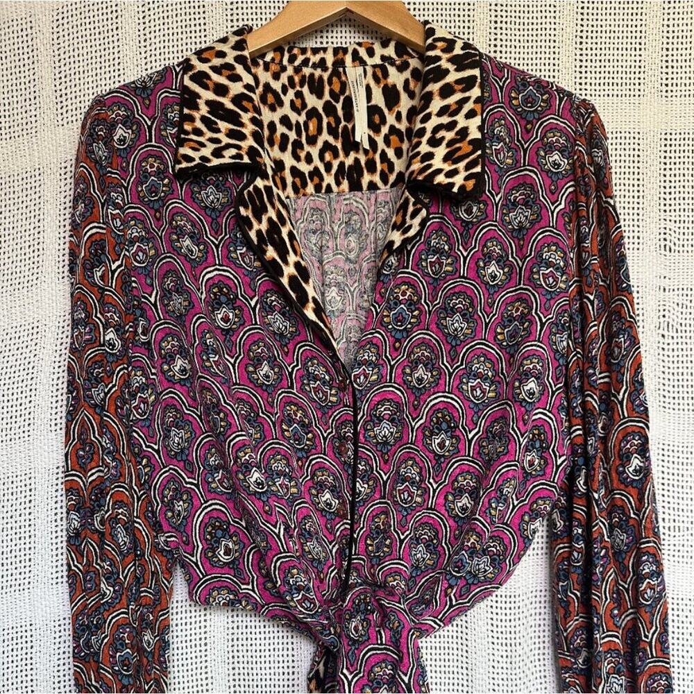 Anthropologie Mixed-Print Button-Down Shirt in Pink, Brown, Black